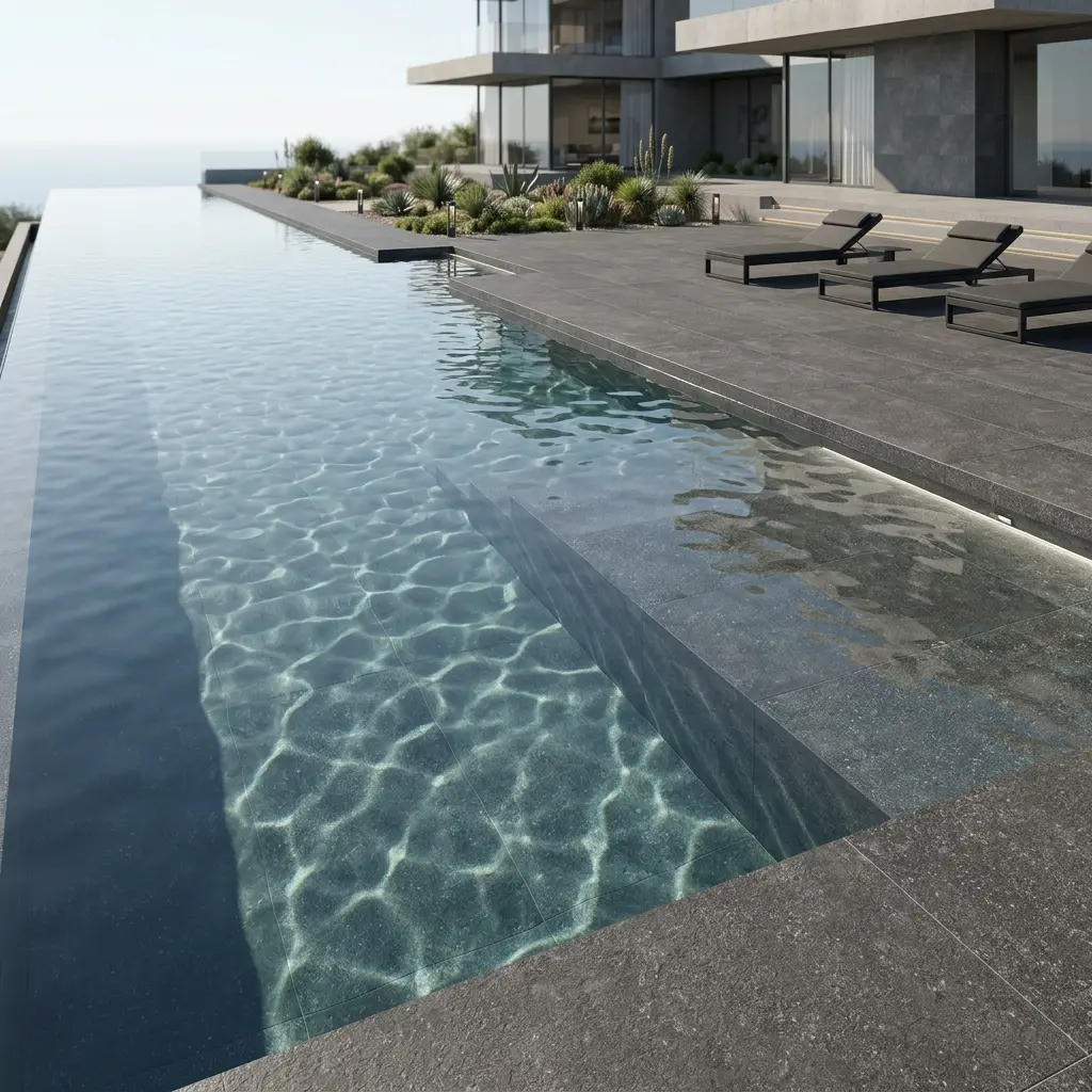 C&oacute;mo cambia el color del agua en piscinas porcel&aacute;nicas de tipo infinito con vistas al mar