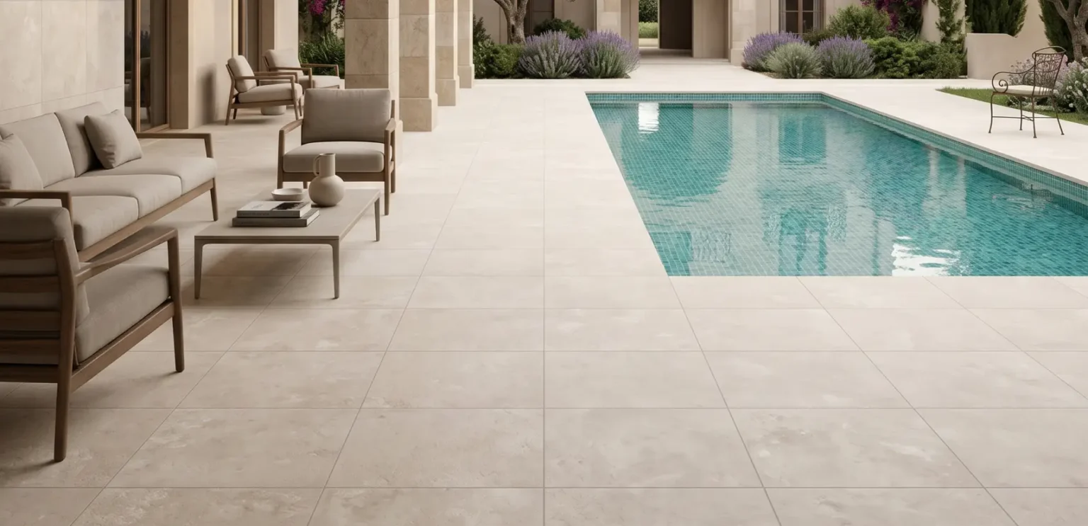 Suelo alrededor de piscina en tono beige claro, junto a una zona de estar exterior con mobiliario y vegetaci&oacute;n