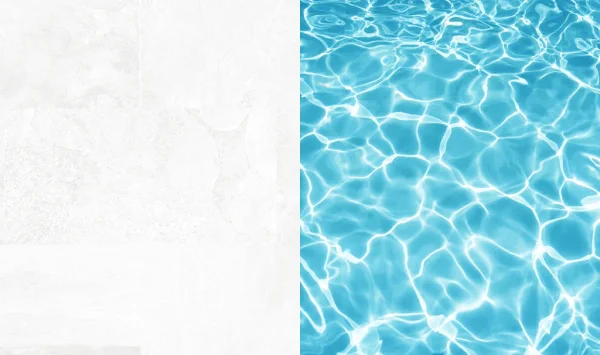 Color del agua en piscinas de porcel&aacute;nico, muestra de acabado junto al reflejo del agua