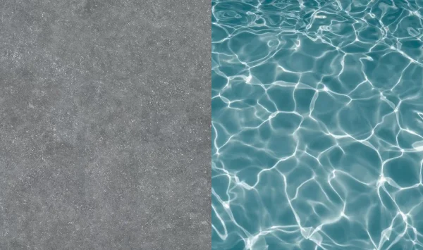 C&oacute;mo cambia el color del agua en piscinas porcel&aacute;nicas, detalle de textura junto al reflejo del agua