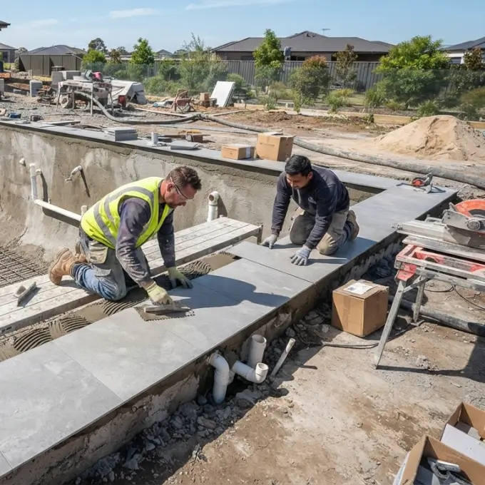 construcci&oacute;n de piscinas de obra con estructura de hormig&oacute;n y revestimiento cer&aacute;mico