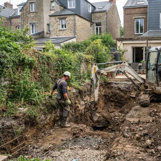 Excavación mecánica para la construcción de una piscina pequeña en patio estrecho