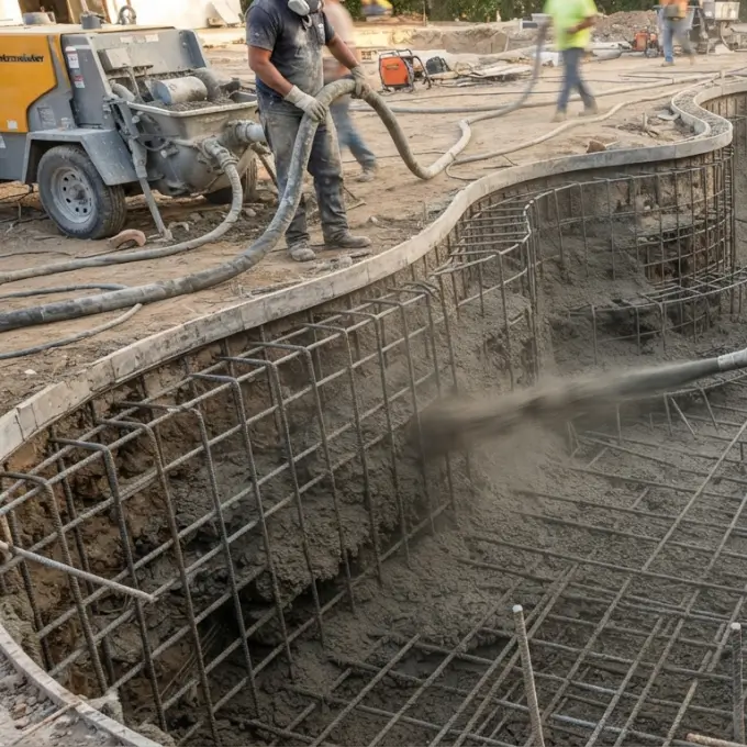 Proyecci&oacute;n de hormig&oacute;n gunita sobre el armado de acero en la construcci&oacute;n de una piscina de obra
