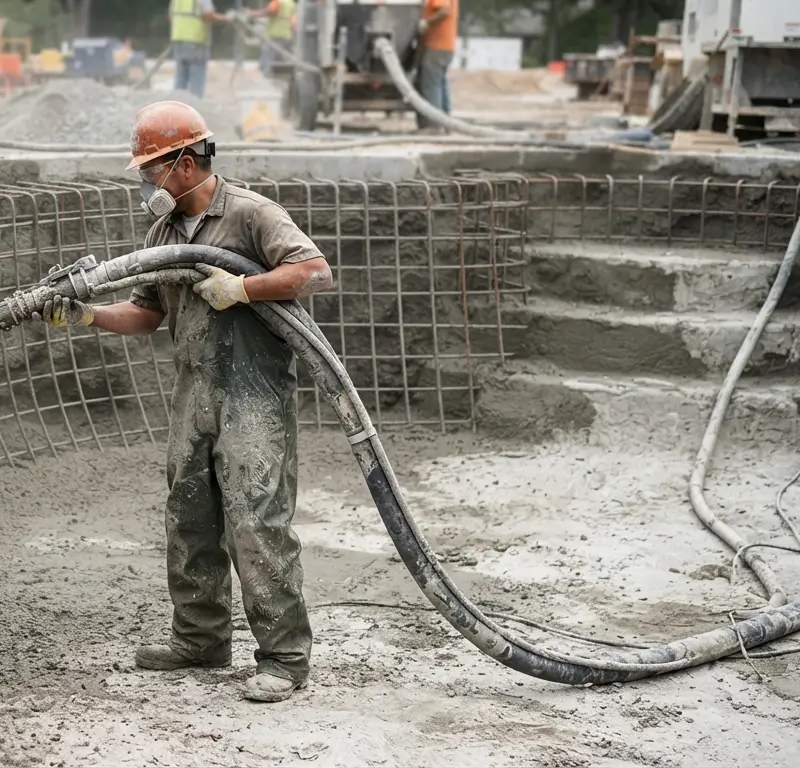 Operario aplicando hormig&oacute;n proyectado en el vaso de la piscina durante la fase estructural