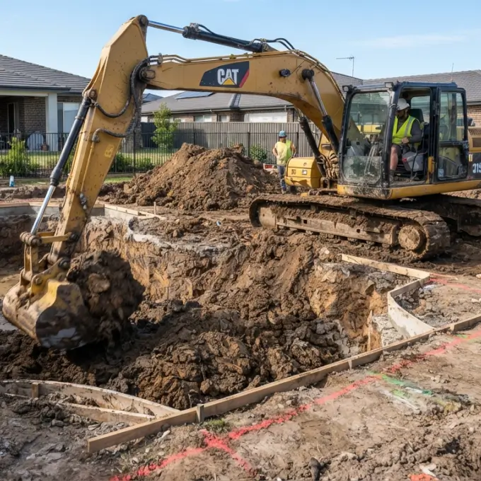 Maquinaria realizando la excavación de la tierra para una piscina de hormigón