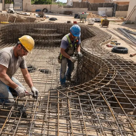 Colocación de la malla de acero estructural en el vaso de la piscina
