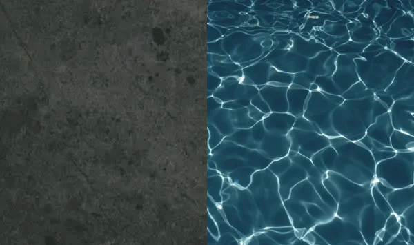 Tonalidad del agua en piscina revestida de porcel&aacute;nico, muestra de acabado con efecto espejo