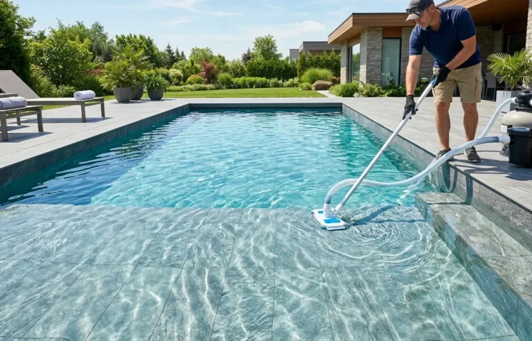 Mantenimiento de piscinas con agua cristalina y vaso de gres porcel&aacute;nico limpio