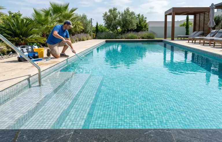 Mantenimiento de piscinas con agua cristalina y vaso de gres porcelánico limpio