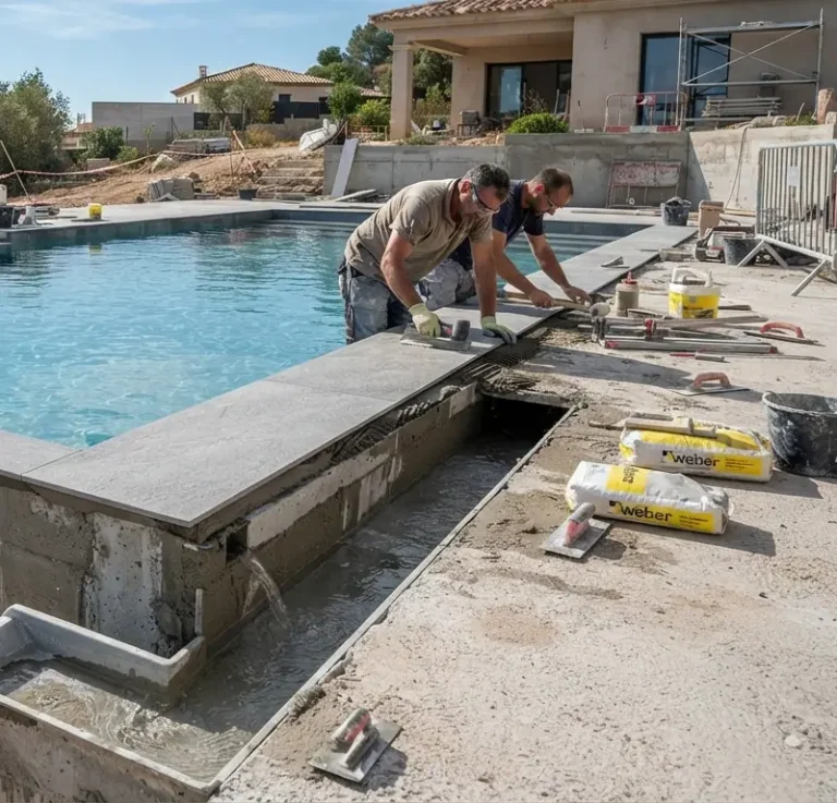construcción piscina desbordante con estructura de hormigón y coronación cerámica