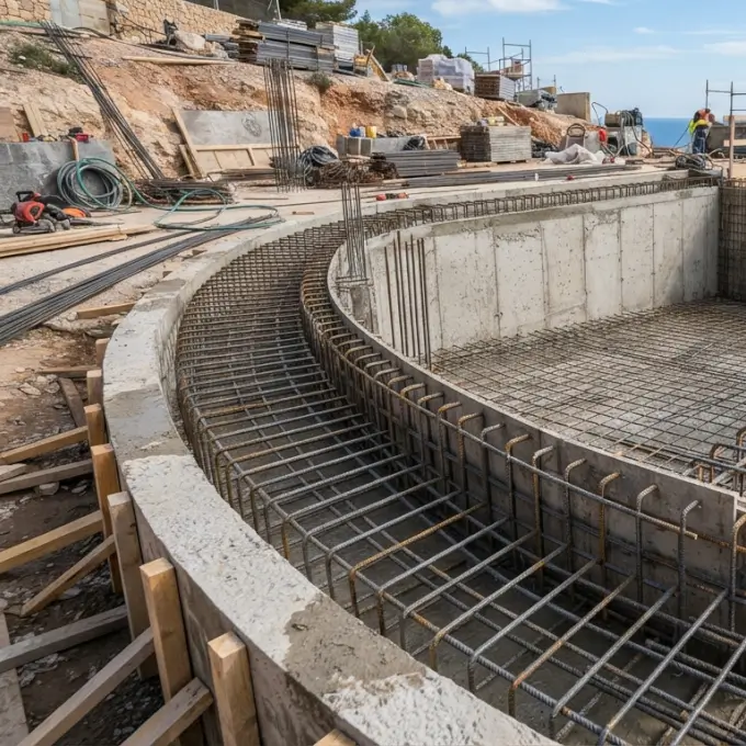 Estructura de hormig&oacute;n armado durante la construcci&oacute;n piscina desbordante