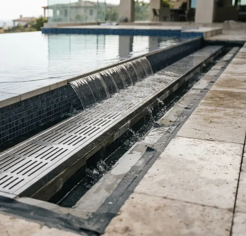 Detalle de la canaleta perimetral en la construcci&oacute;n piscina desbordante
