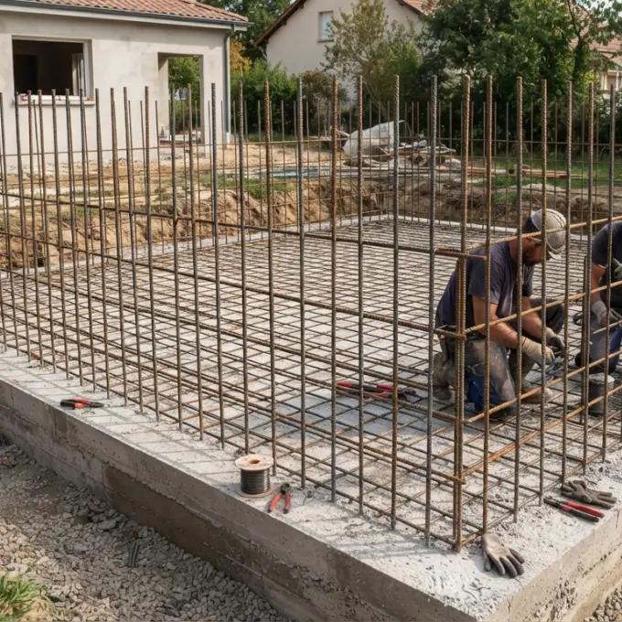 como hacer piscina de obra elevada mostrando el armado de esperas de acero en la base