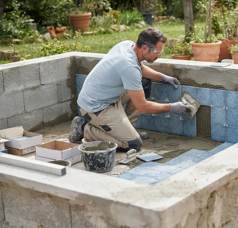 como hacer una piscina de obra elevada paso a paso colocando azulejo porcel&aacute;nico