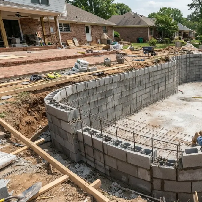 como hacer una piscina de ladrillo mostrando la estructura de muros y refuerzos