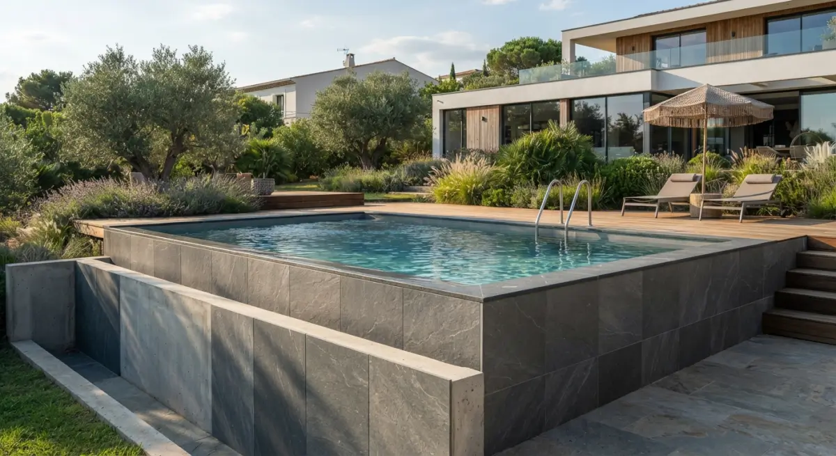 piscina semi elevada mostrando su estructura mixta y dise&ntilde;o exterior