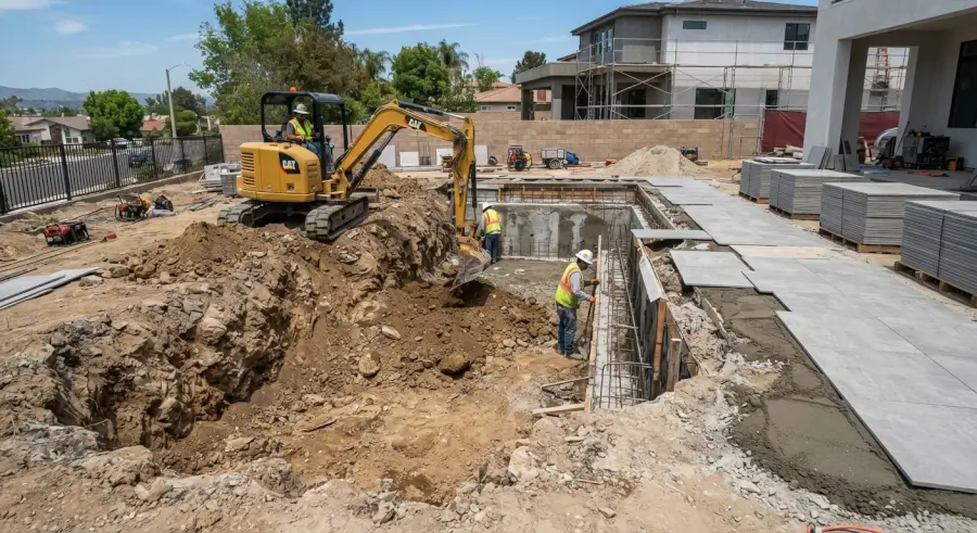 construir piscina semienterrada paso a paso durante la fase de excavación del terreno