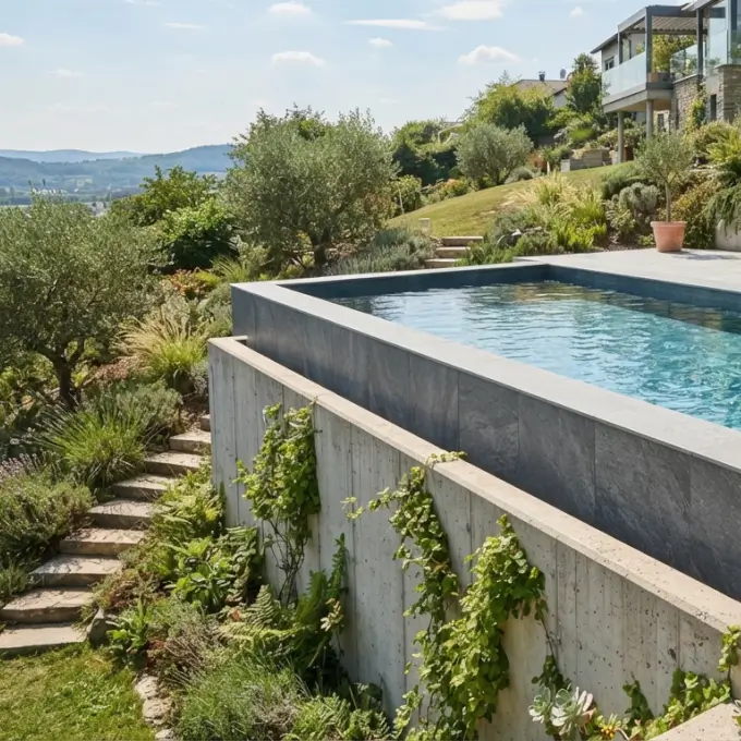 cómo hacer una piscina semienterrada con estructura mixta y coronación cerámica