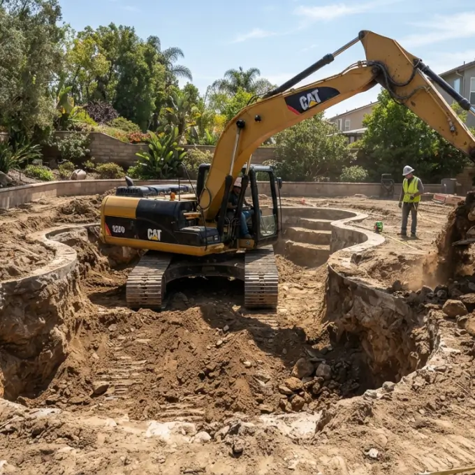 excavación mecánica del terreno para la estructura de piscina
