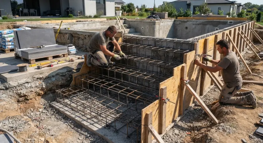 armado con varillas de acero y encofrado de peldaños para piscina nueva