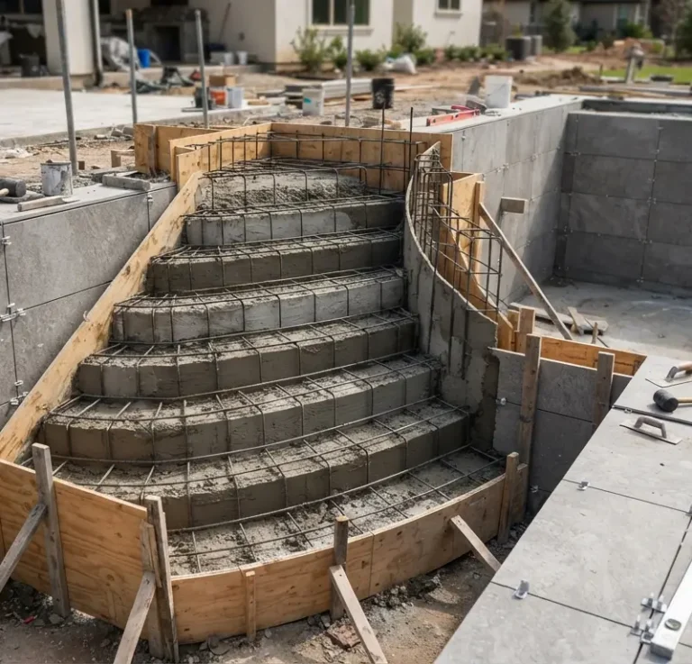 como hacer una escalera para piscina de obra con estructura de hormig&oacute;n y ferralla